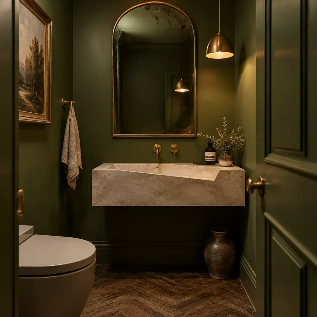 Color-drenched powder room in deep olive green with a floating stone basin and wall-mounted brass faucet.
