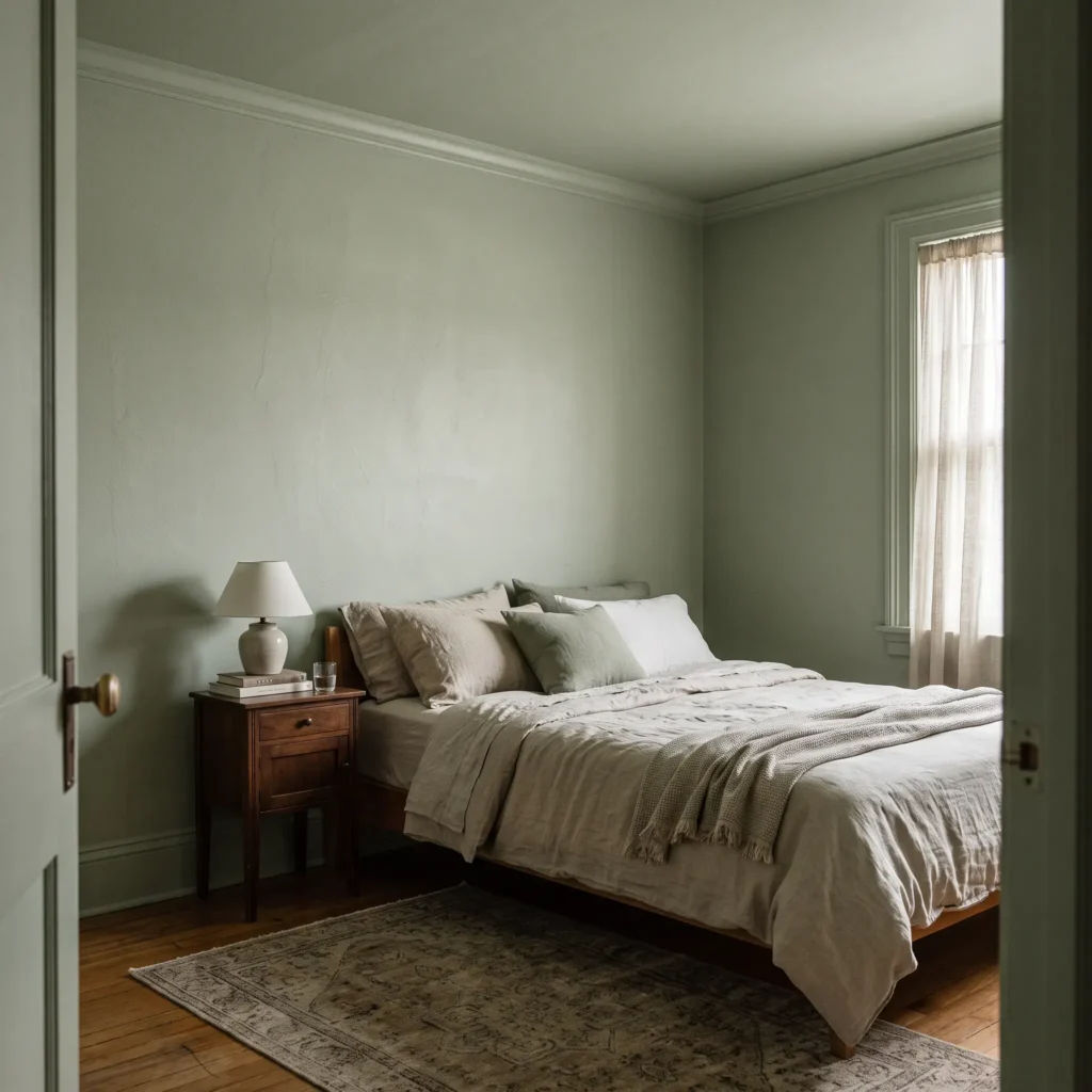 Monochromatic color drenched small bedroom with matching soft sage paint on walls, baseboards, and ceiling.