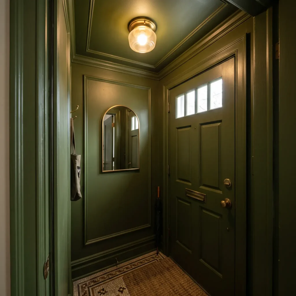 Small entryway vestibule color drenched in deep olive green with satin trim and brass light fixture.