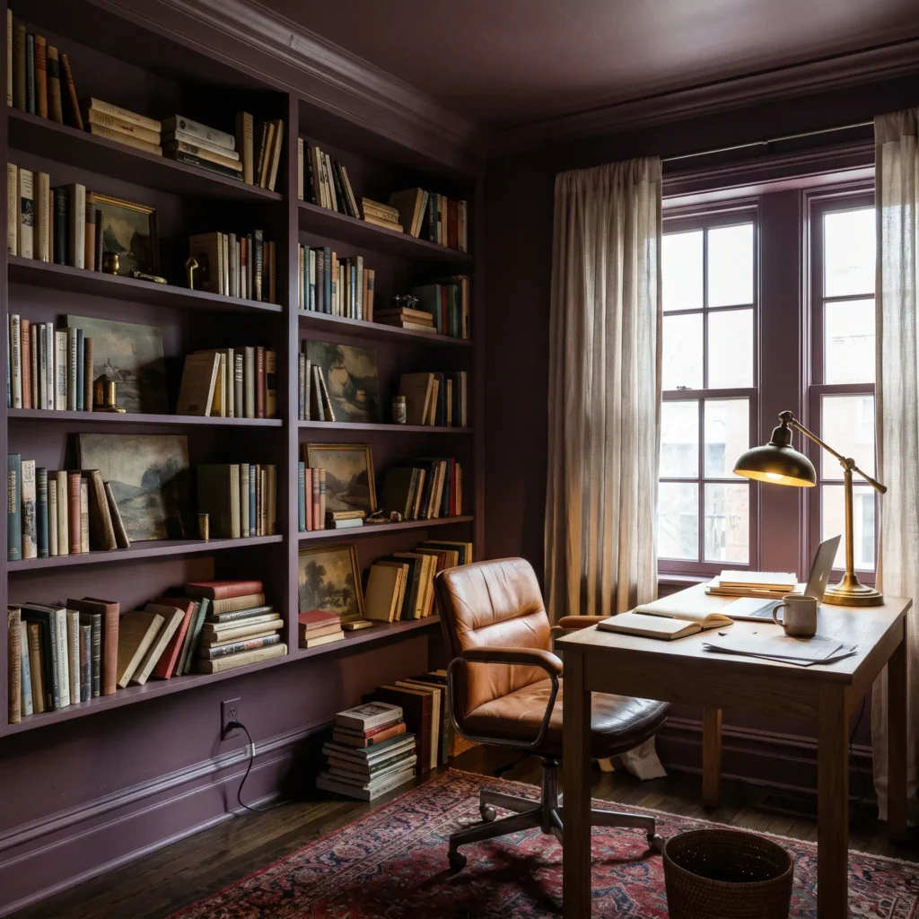 Small home office with color drenched deep plum walls, matching painted ceiling, and warm brass task lamp