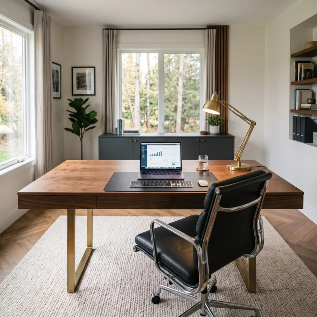 Command position executive home office layout with a floating walnut desk and rear acoustic wood slat wall.