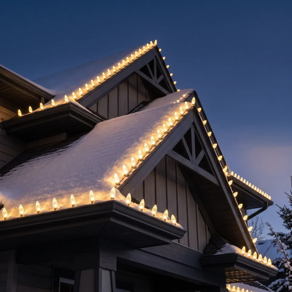 Crisp straight line of warm white C9 faceted LED bulbs along the roofline and gables of a home.
