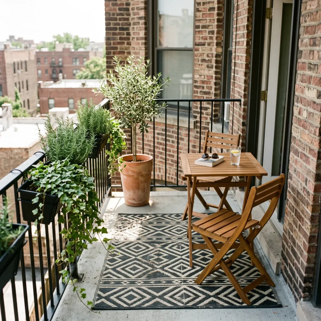 Small apartment balcony with a folding acacia wood bistro set, black and white outdoor rug, and railing planters filled with green herbs.