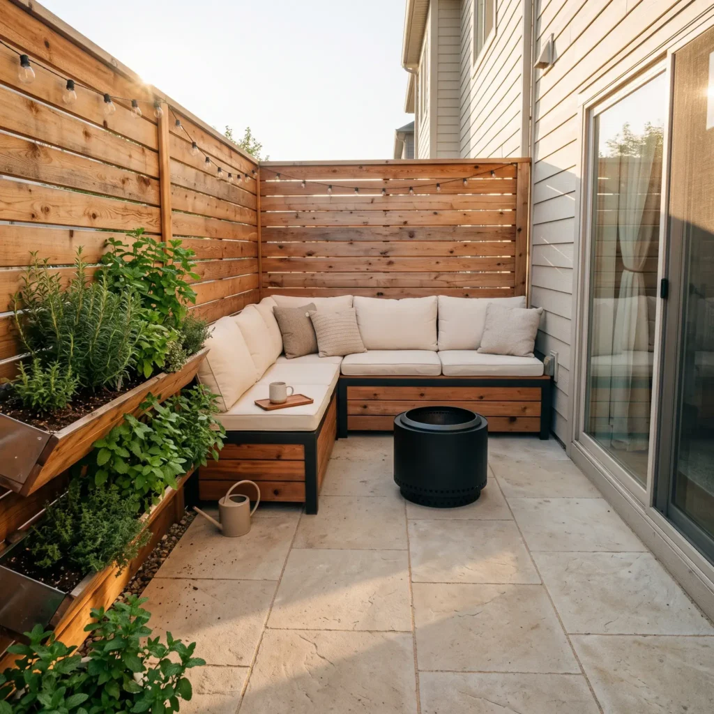 Small townhouse patio featuring a built-in corner storage bench, vertical garden, and compact smokeless fire pit.