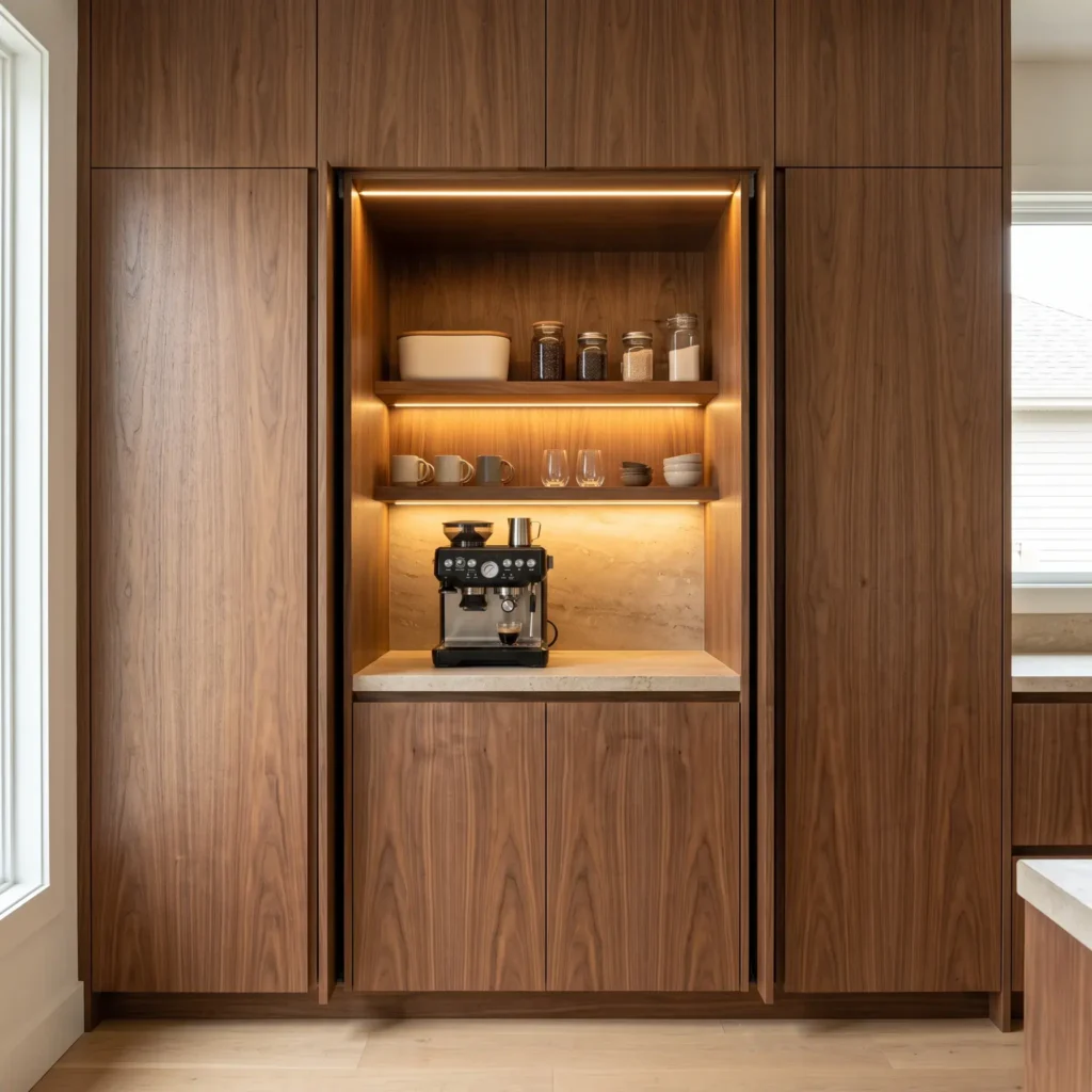 Concealed breakfast station with walnut pocket doors open to show a built-in espresso bar with LED lighting.