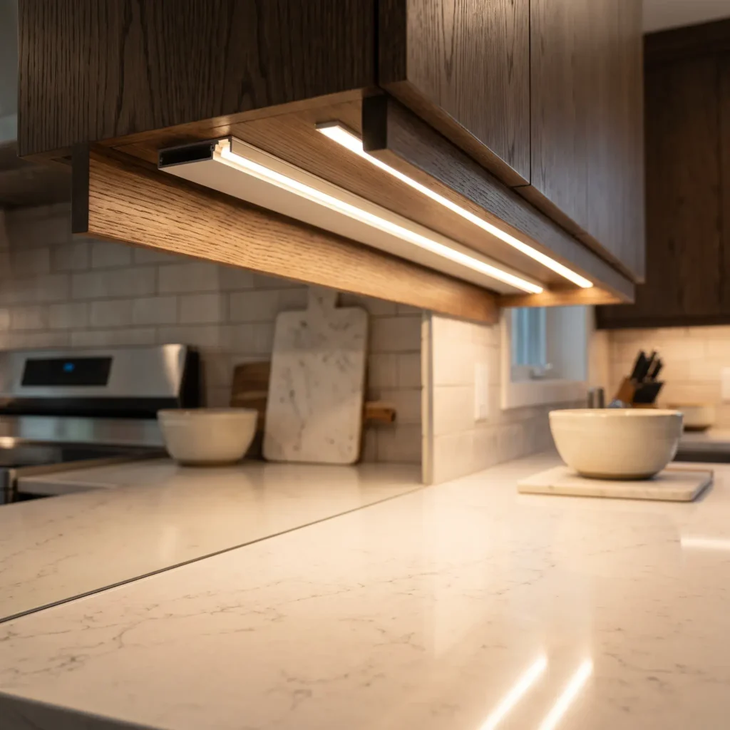 Continuous warm under-cabinet LED strip lighting set inside a diffused aluminum channel.