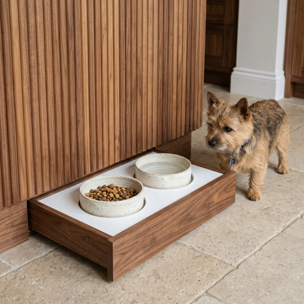 Built-in toe-kick drawer under a kitchen island holding two stoneware pet bowls.