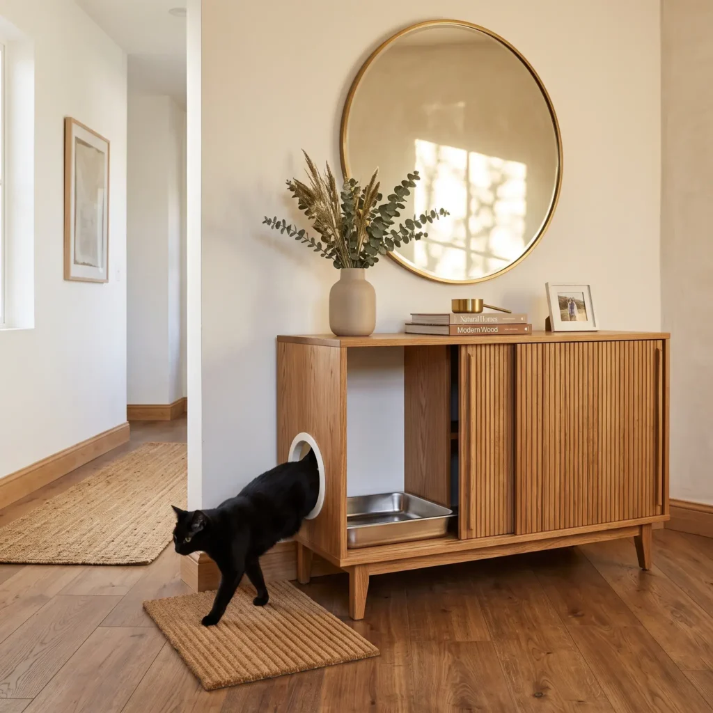 Modern wood credenza modified into a concealed cat litter box enclosure with side entry.