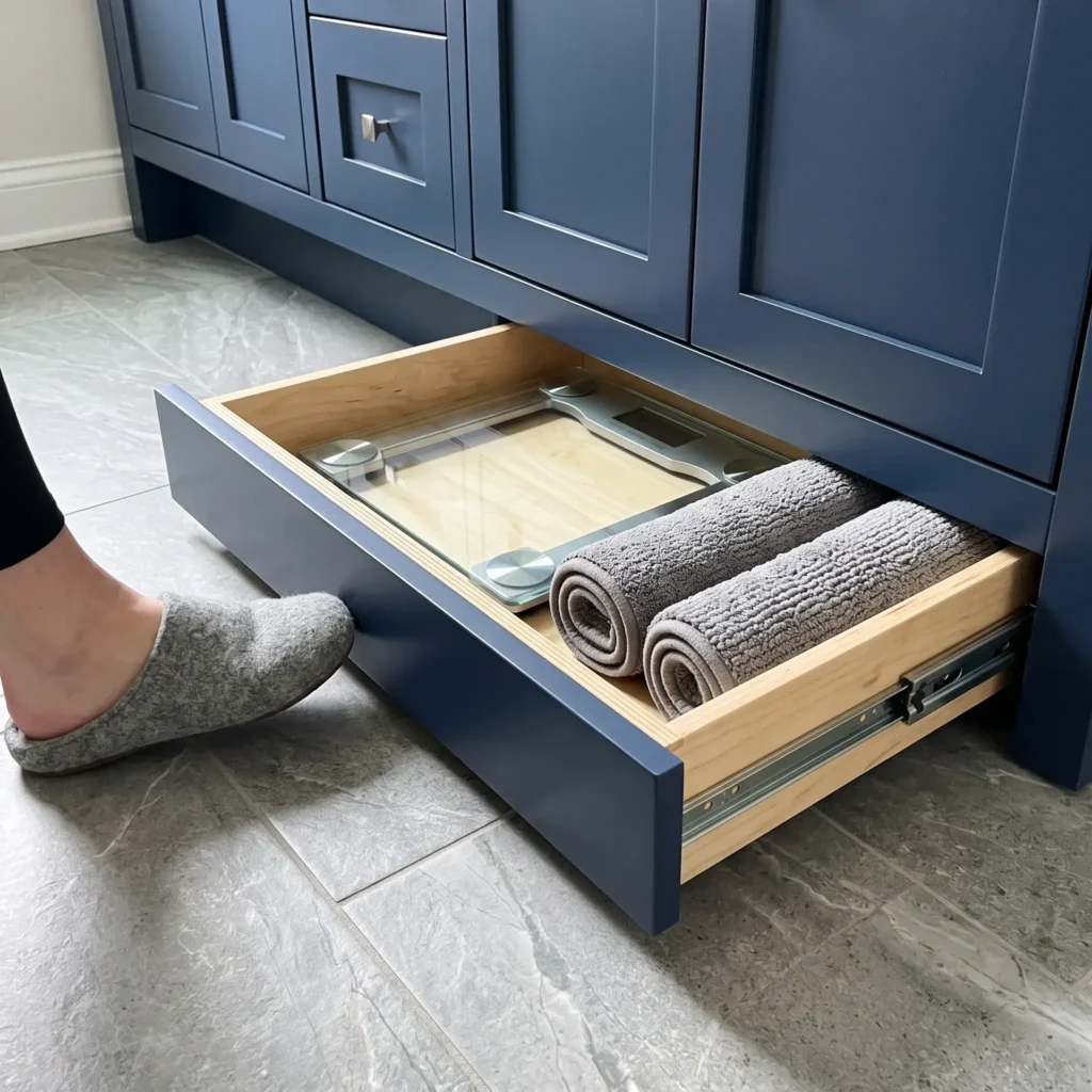 Concealed push-to-open drawer pulled out from the baseboard under a bathroom vanity.