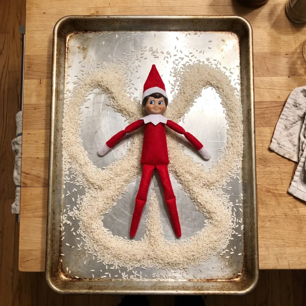 Scout elf lying on a silver baking sheet making an angel shape in dry white rice.