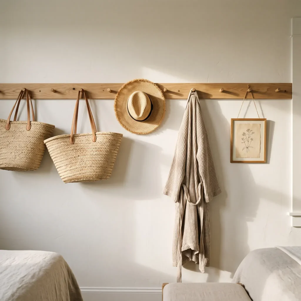 Continuous white oak Shaker peg rail mounted on an off-white bedroom wall holding hats and woven storage baskets.