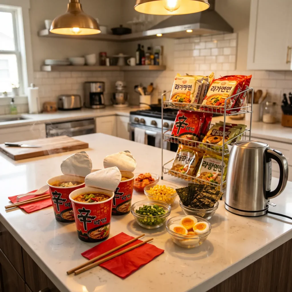 Korean instant cup ramen food station at a party with toppings like scallions, corn, and boiled eggs