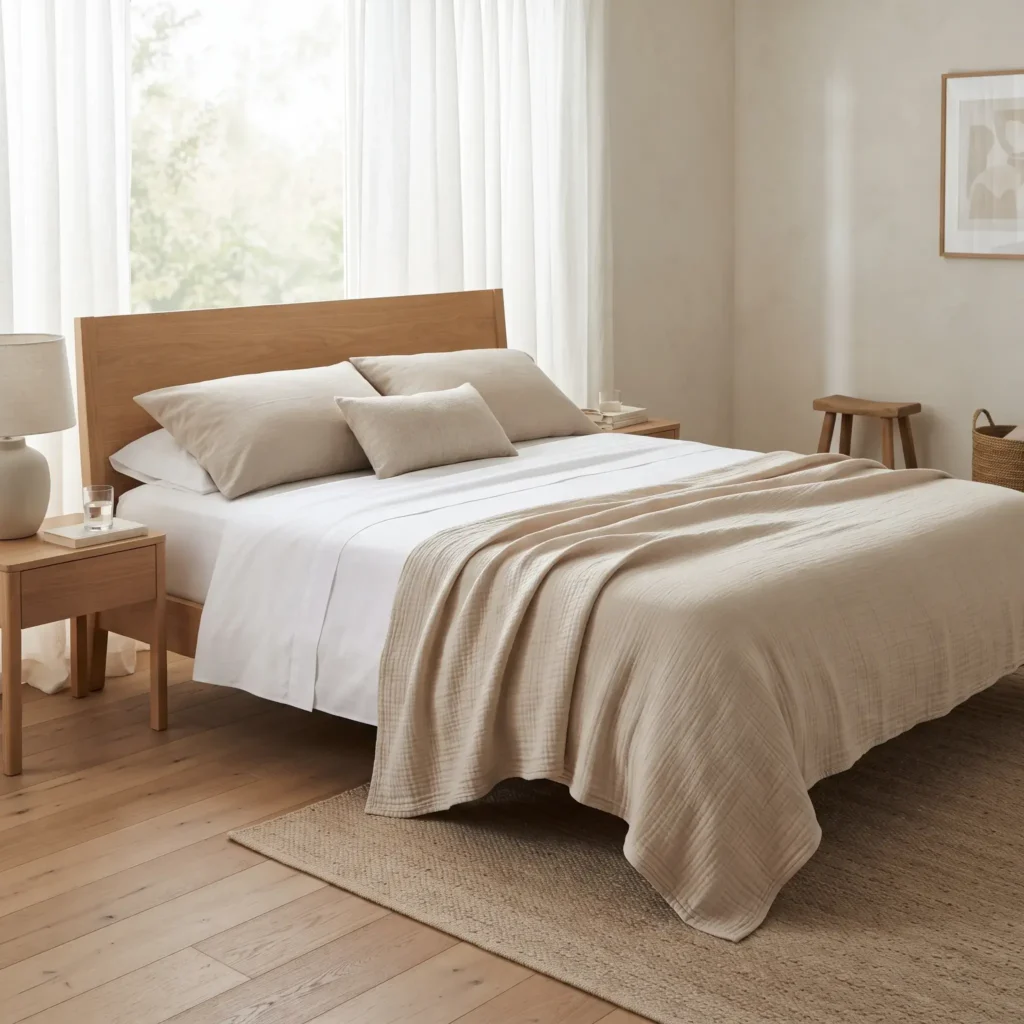 Primary bedroom styled with crisp white cotton percale sheets and an oatmeal cotton muslin blanket.