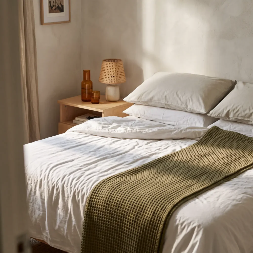 Bed dressed in crisp white cotton percale sheets with an olive green waffle weave blanket folded at the foot of the bed.