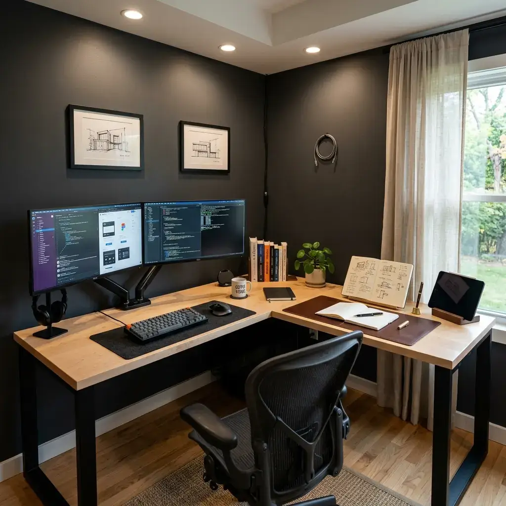 Corner L-shaped home office desk layout separating computer monitors from a paperwork surface.