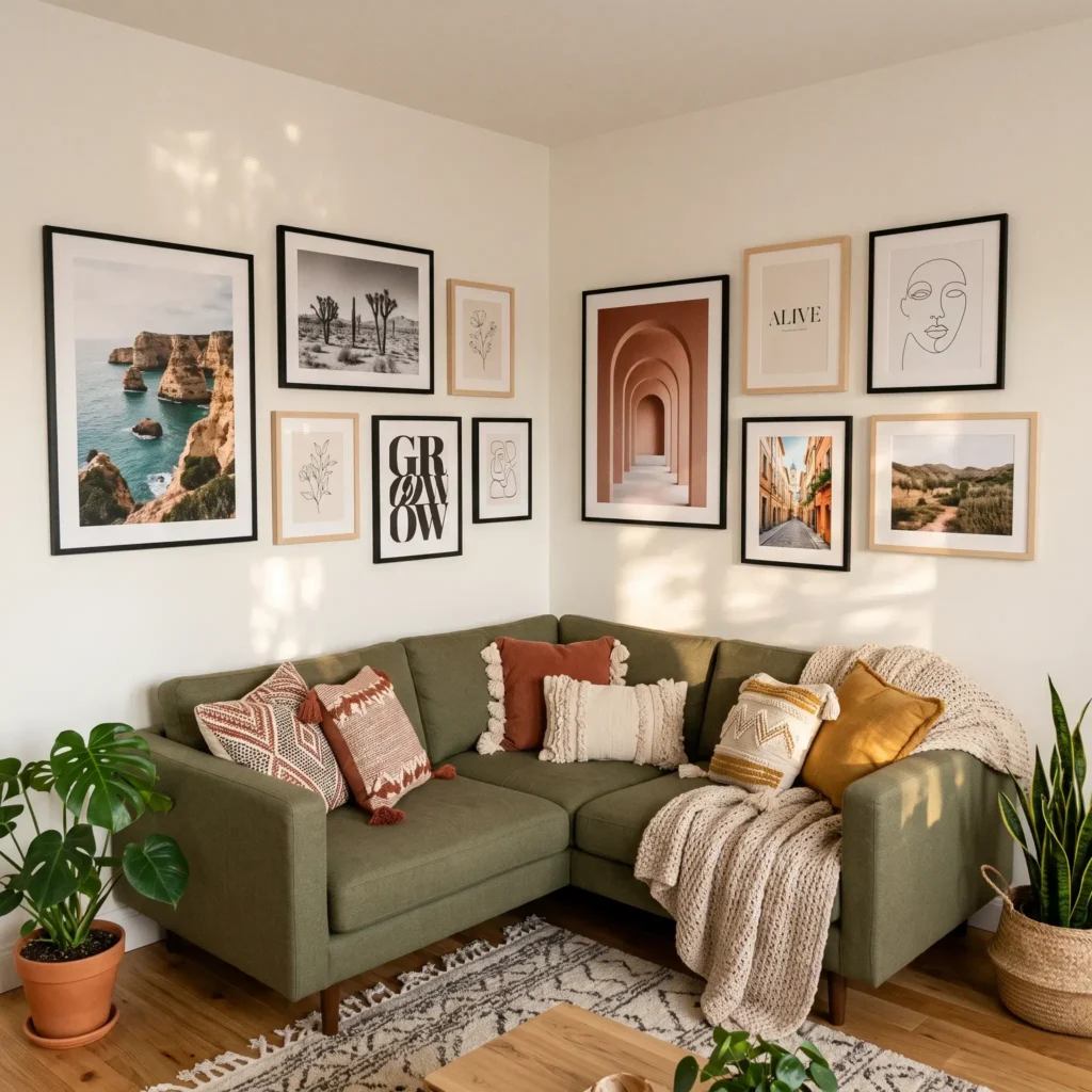 Gallery wall wrapping around an inside corner above an olive green sectional sofa.