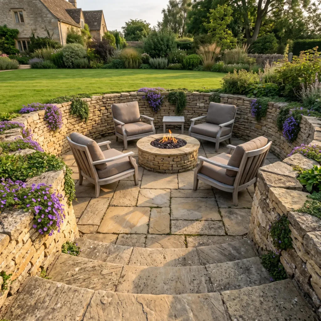 Sunken stone patio in Cotswold style with golden limestone retaining walls, sandstone pavers, and curved outdoor chairs.