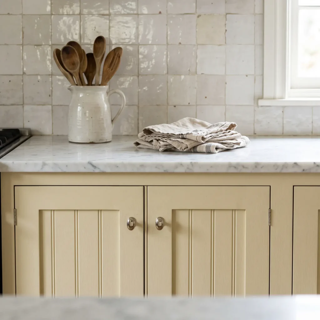 Beadboard butter yellow kitchen cabinets paired with handmade white Zellige tile backsplash and polished nickel hardware.