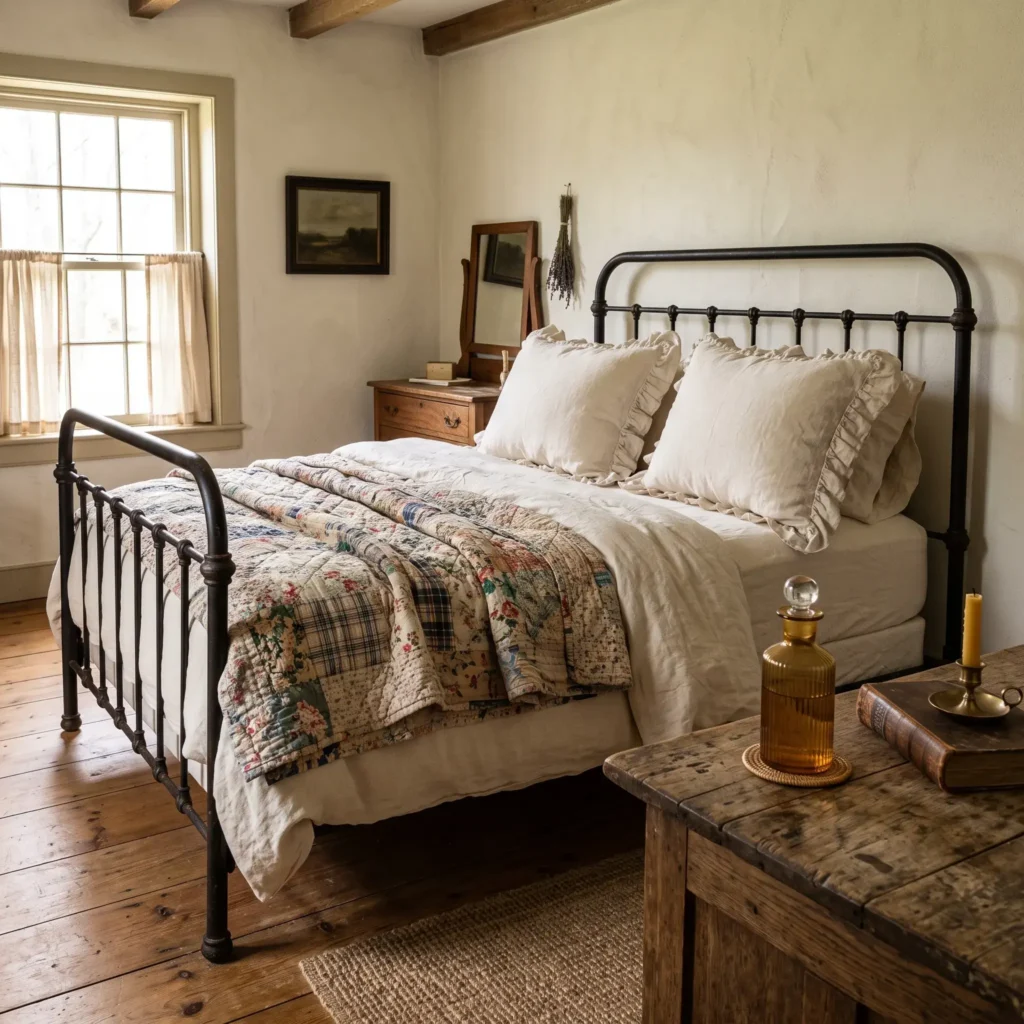 Cottagecore bedroom with a black wrought iron spindle bed layered with a vintage patchwork quilt and ruffled linen pillows.