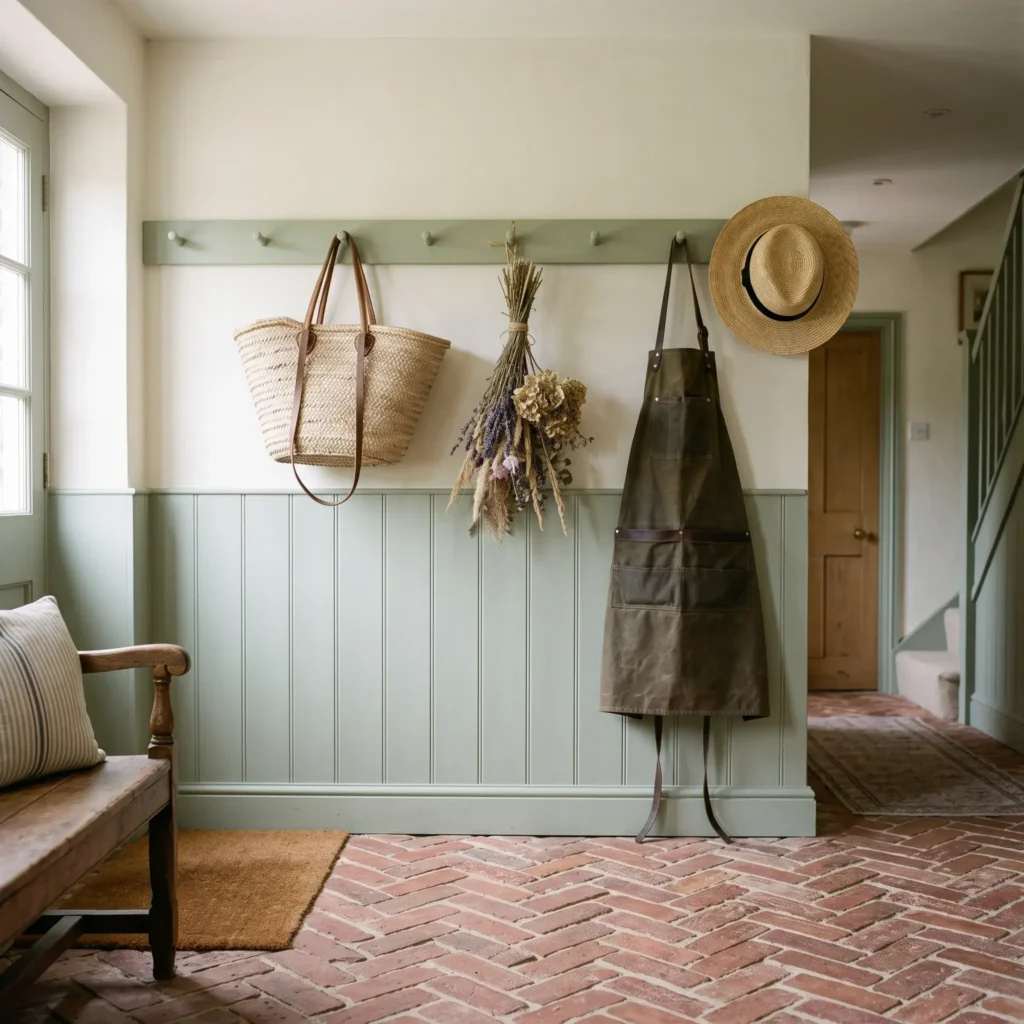 Sage green cottagecore entryway with a shaker peg rail holding straw hats, market baskets, and canvas aprons.