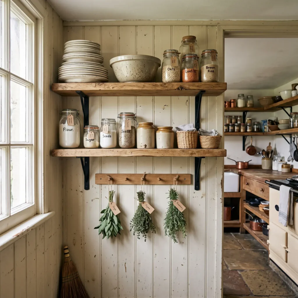 Open oak kitchen shelves holding antique ironstone dinnerware and clear glass jars above a wooden peg rail.