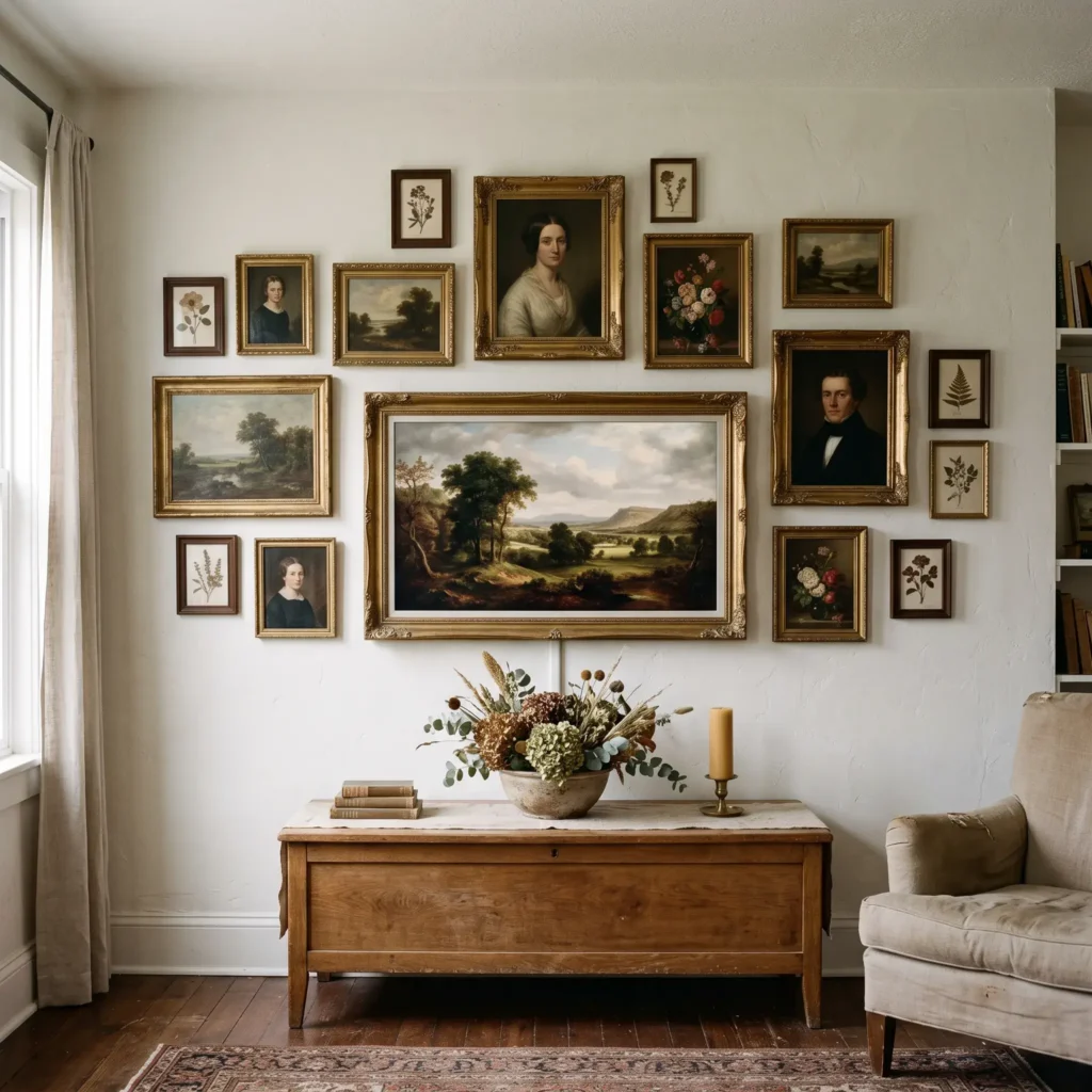 Historic living room gallery wall mixing vintage oil paintings in ornate gold frames with a disguised flat-screen television.