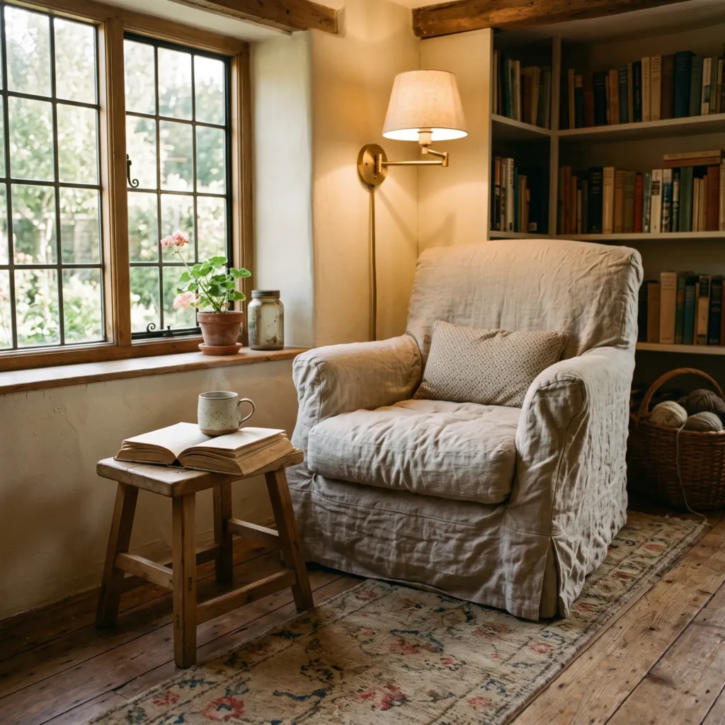 Cottagecore reading corner featuring a cream linen slipcovered armchair, vintage brass wall sconce, and small wood stool.
