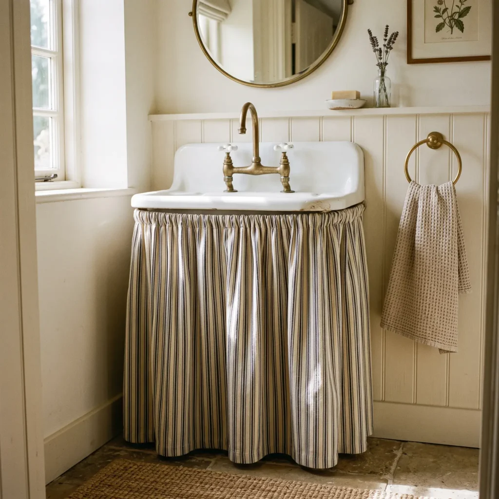 Cottagecore powder room with a ticking stripe fabric skirt hung under a white ceramic sink with brass fixtures.
