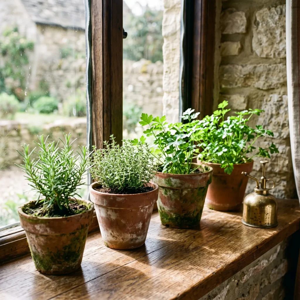 Deep wood windowsill lined with weathered terracotta pots of rosemary and thyme next to a brass plant mister.
