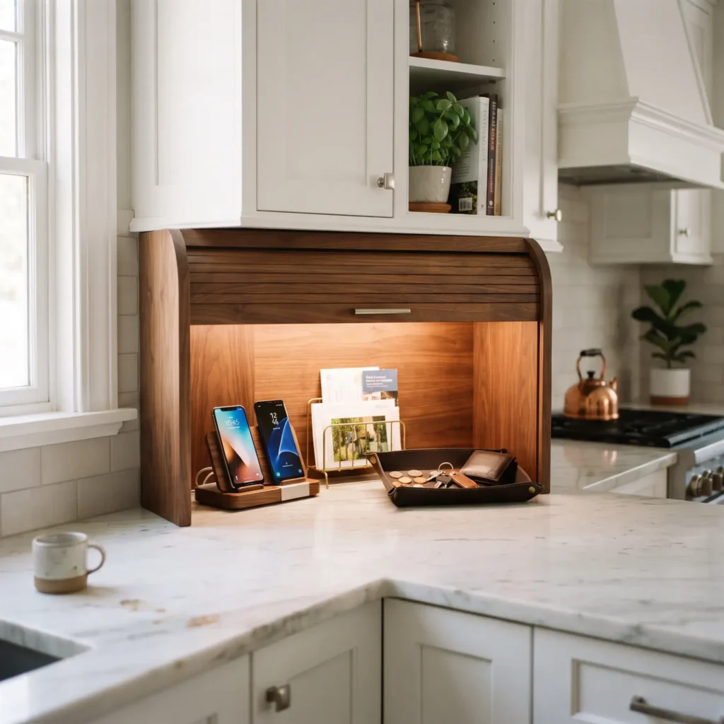  Countertop kitchen cabinet with tambour door rolled up displaying charging dock and mail tray.