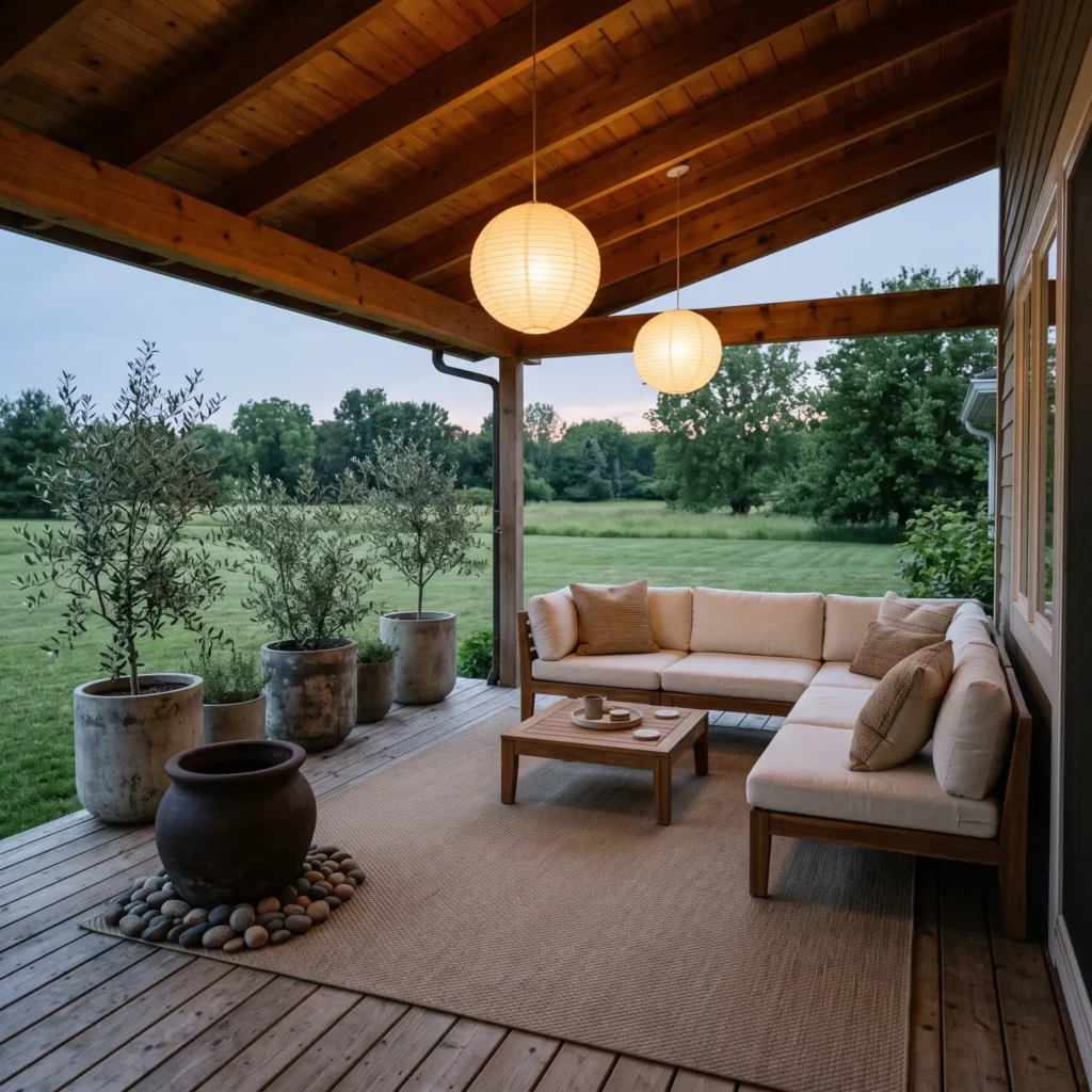 Covered outdoor living room featuring a teak sectional sofa and woven flatweave rug on a porch at dusk.