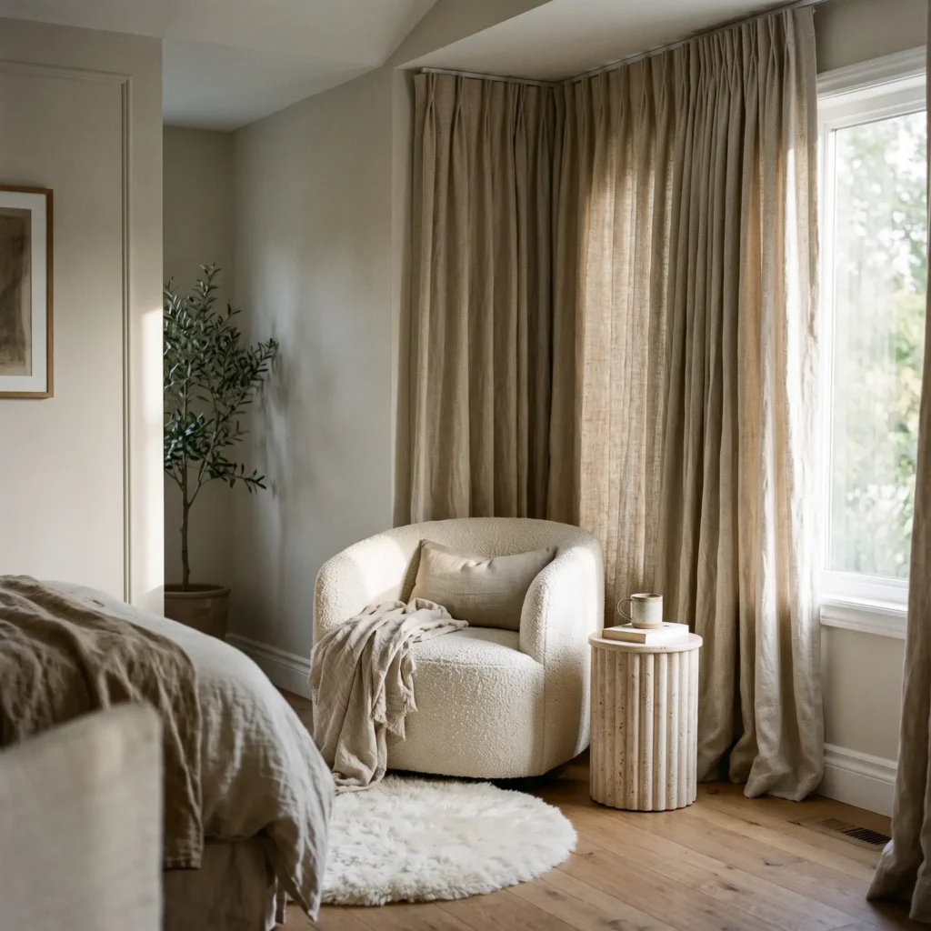 Cozy reading nook by a bedroom window with pinch-pleat curtains and a curved armchair.