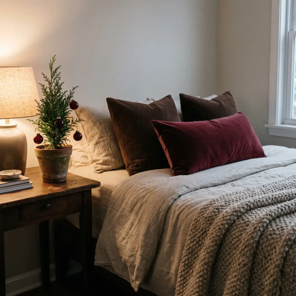 Bedroom decorated for Christmas with chocolate corduroy pillows, burgundy velvet, and a mini potted pine on the nightstand.