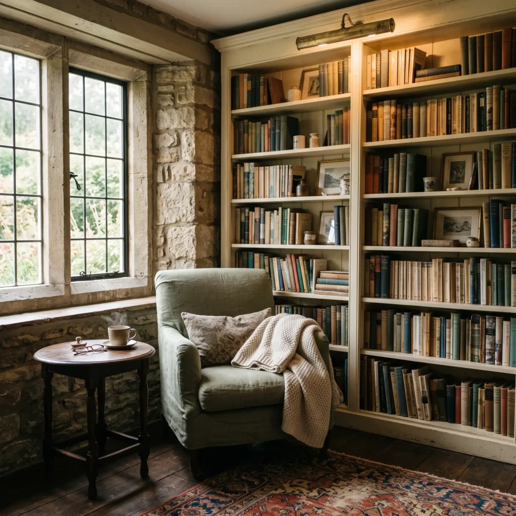 Cozy reading corner with floor-to-ceiling built-in bookcases, brass picture light, and armchair.