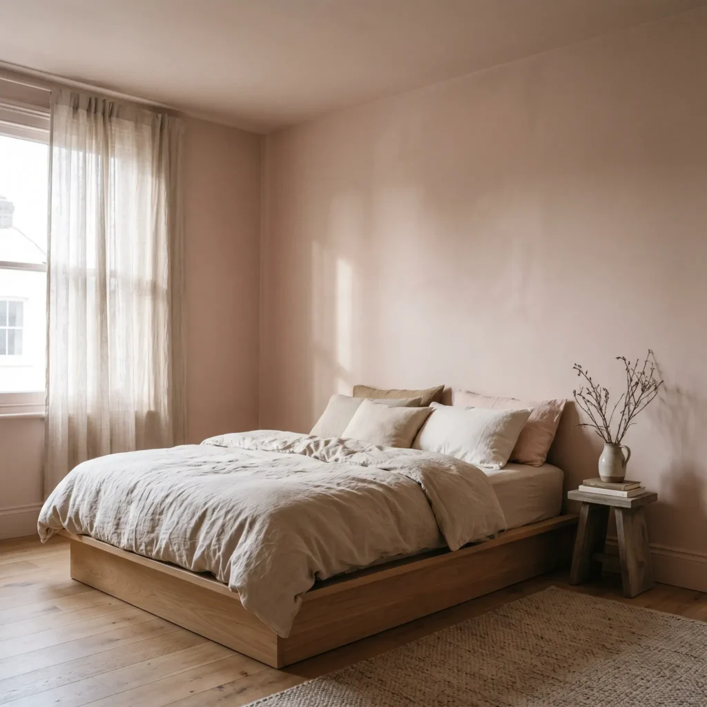 Warm clay color drenched bedroom with matte walls, matching ceiling trim, and soft linen bedding.