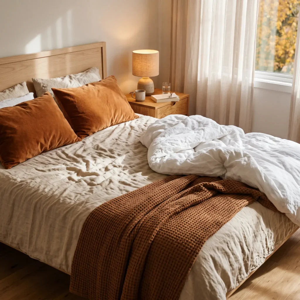 Cozy fall bedroom bed styled with natural linen sheets, an ivory duvet, and a terracotta waffle knit blanket.