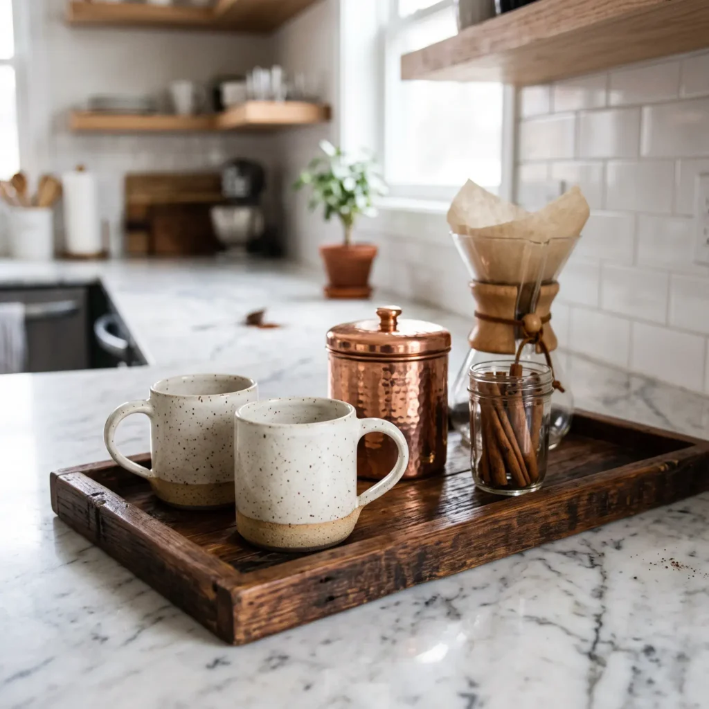 Kitchen counter coffee station styled with a dark wood tray, handmade ceramic mugs, and a hammered copper spice jar.