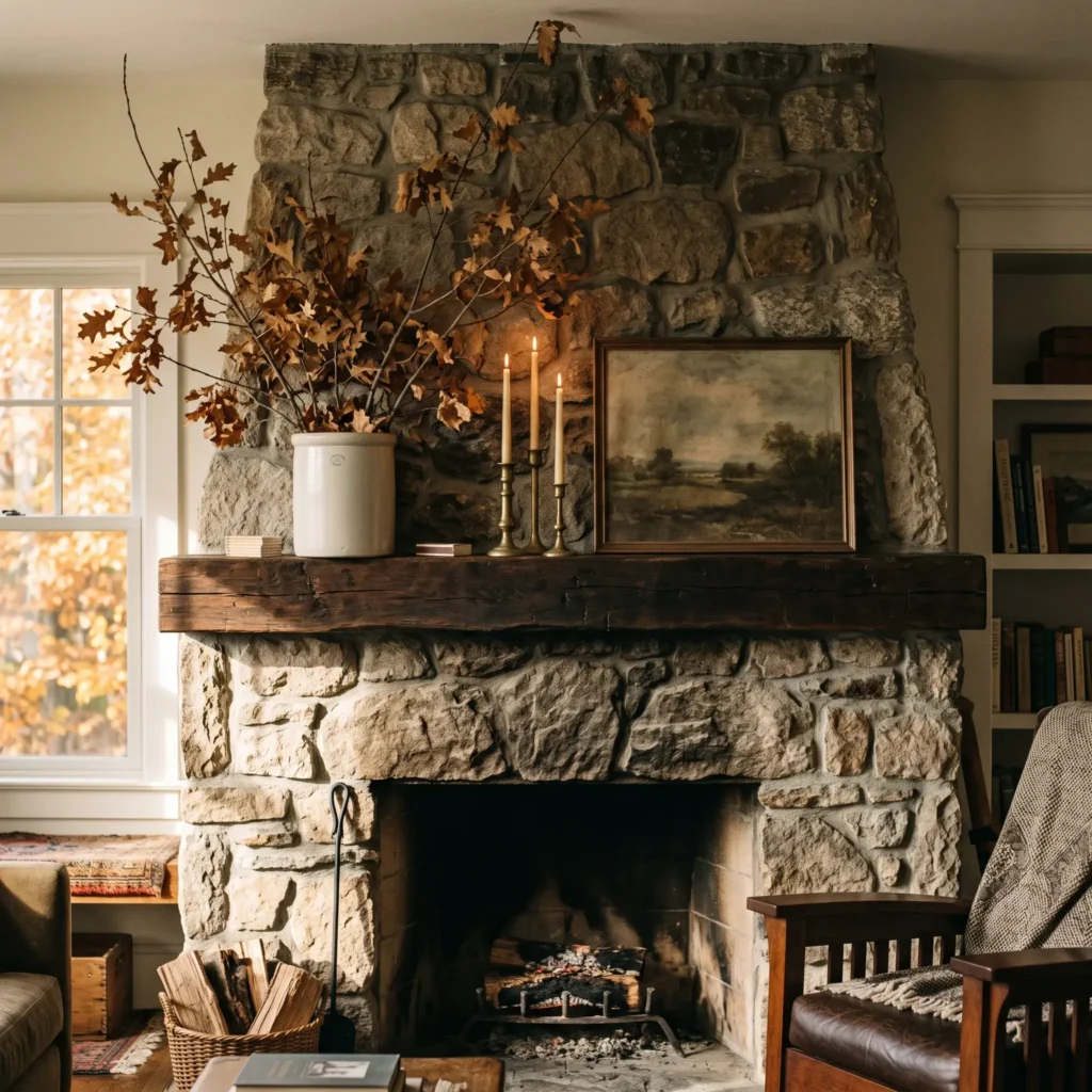 Asymmetrical stone fireplace mantel styled with foraged fall branches in a ceramic vase and aged brass candlesticks.