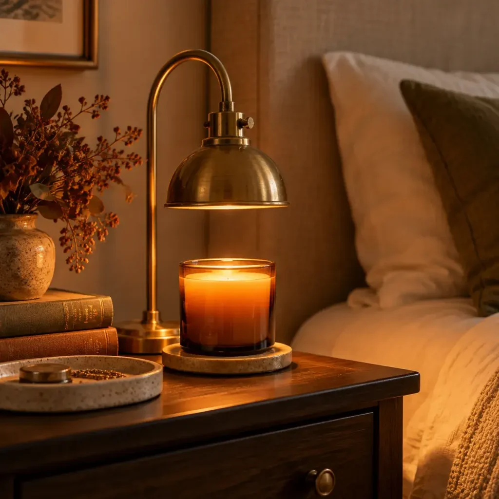 Nightstand styled for fall with an amber candle warmer lamp, ceramic catchall dish, and hardcover books.