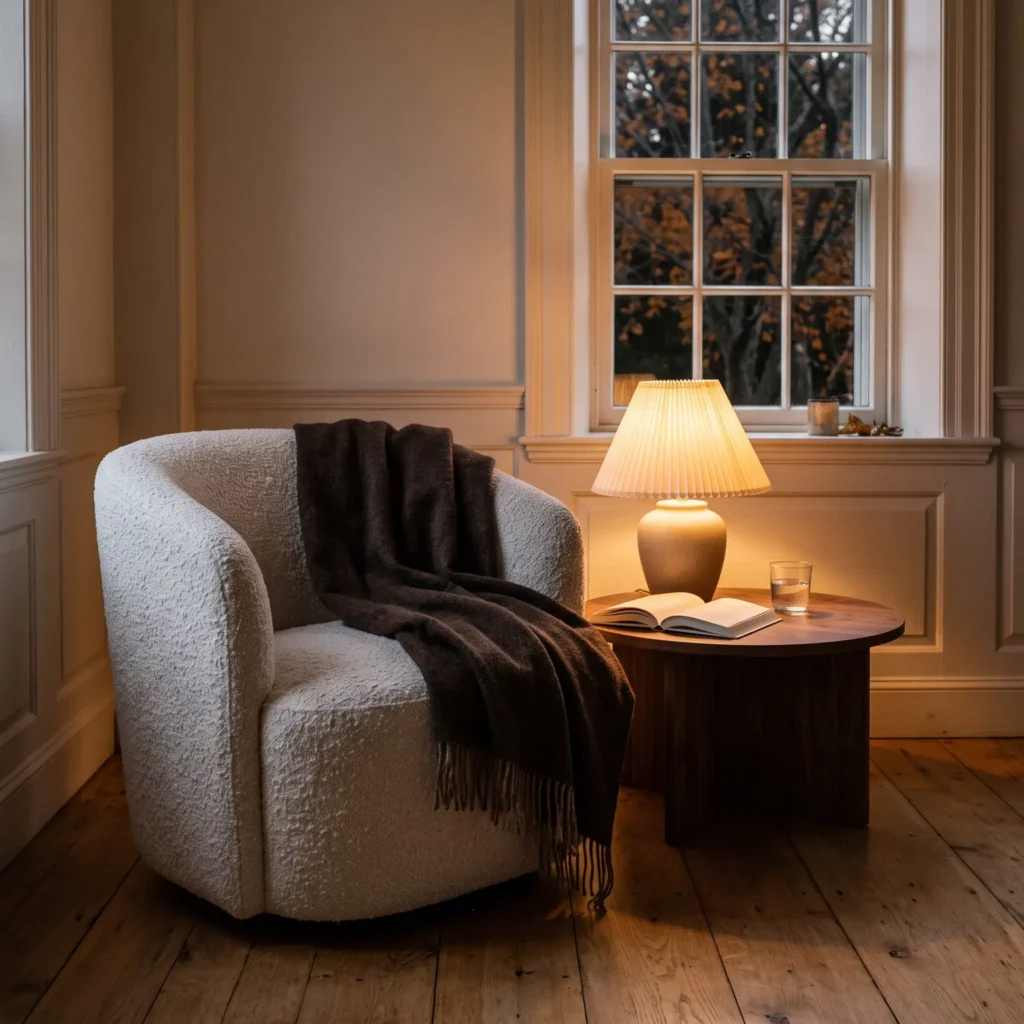 Warm fall reading nook featuring an ivory bouclé armchair, dark walnut side table, pleated table lamp, and chocolate brown wool blanket.