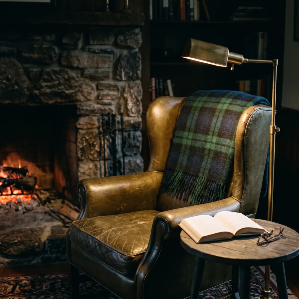  Cozy reading nook featuring an olive-brown leather club chair, Black Watch tartan wool blanket, and a brass task lamp by a stone fireplace.