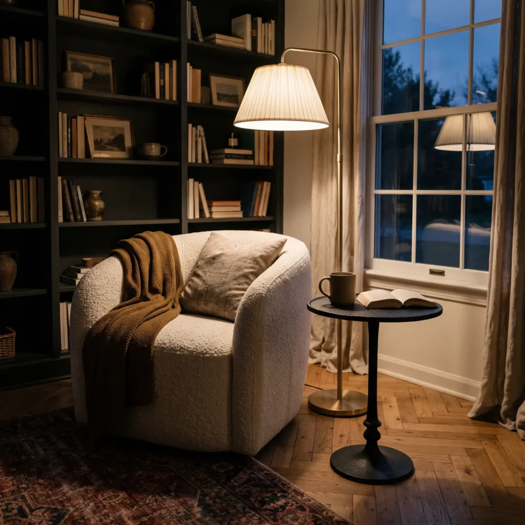 Cream boucle accent chair beside a brass floor lamp with a pleated fabric shade in an evening corner.
