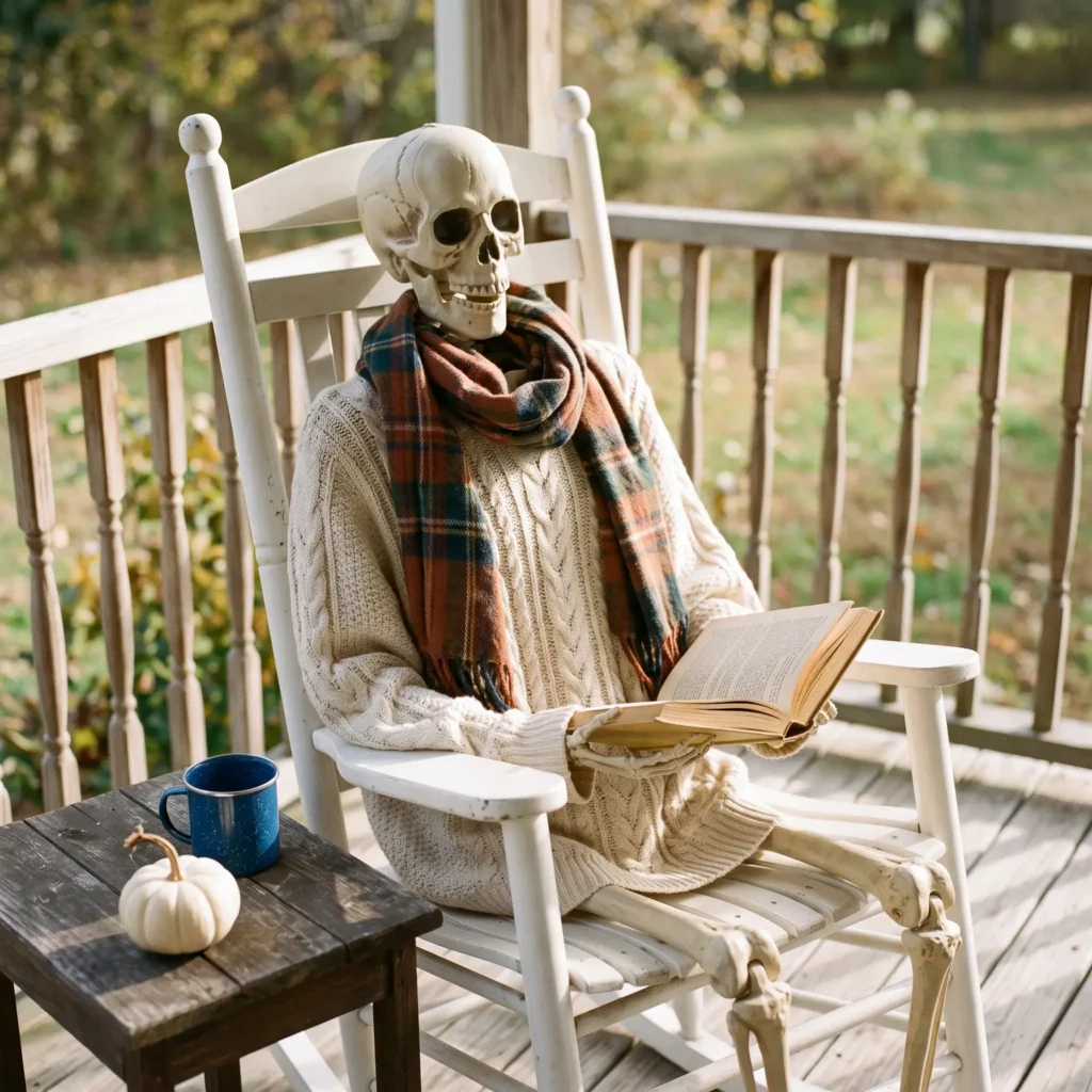 Posable skeleton wearing a cozy knit sweater sitting on a porch rocking chair with a book.