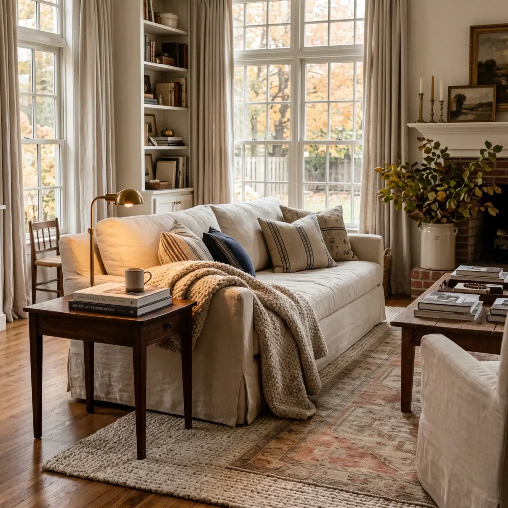 Cream slipcovered sofa layered with wool blankets, vintage pillows, and layered rugs for autumn.