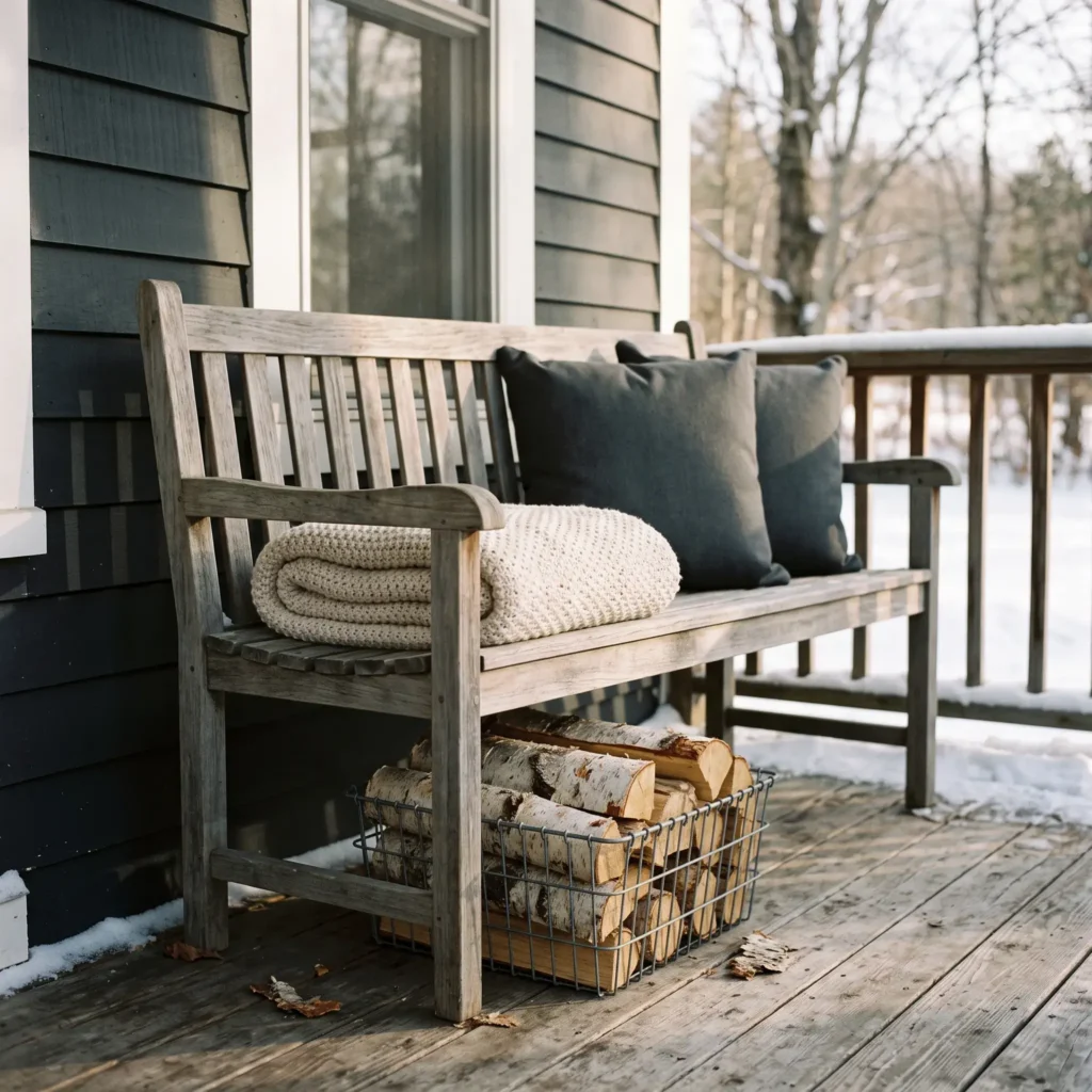 Wooden front porch bench styled with a cream knit throw blanket and stacked birch logs in a basket below.