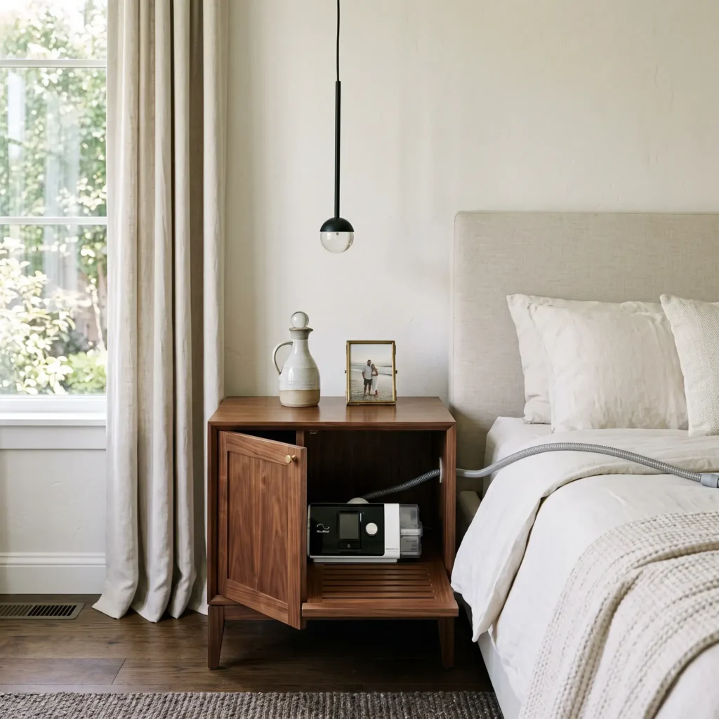 Closed cabinet nightstand hiding a CPAP machine inside with a clean tabletop showing only a lamp and water carafe.