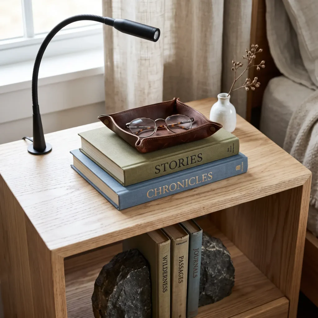 Bedside table styled with two flat hardcover books topped by a leather valet tray and slim reading lamp.