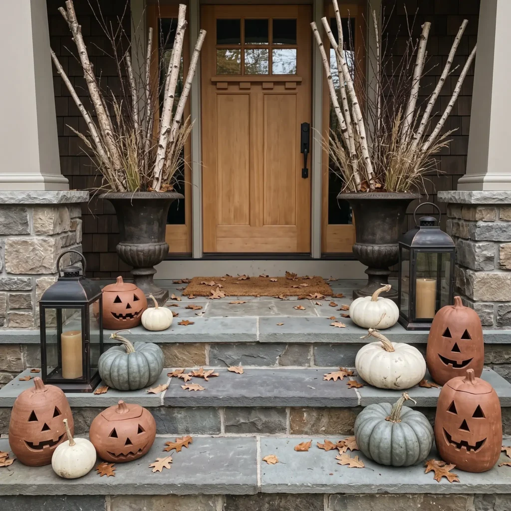 Front door entryway featuring hand-carved terracotta pumpkins, heirloom grey squash, and black iron lanterns on stone steps.