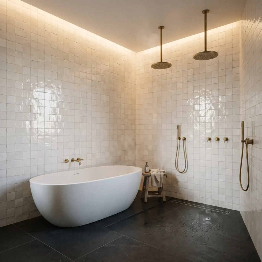 Curbless primary wet room featuring a white stone soaking tub, brass rain showerheads, and zellige tile walls.