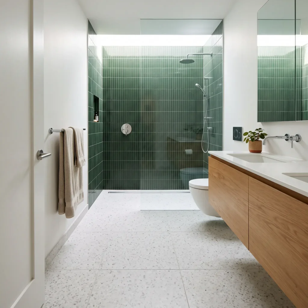 Curbless small bathroom with continuous terrazzo floor and vertical green finger tile.